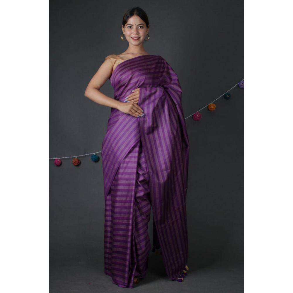 Isadora Life Womens Stripes Tassels Purple Pre-Draped Saree With Unstitched Blouse