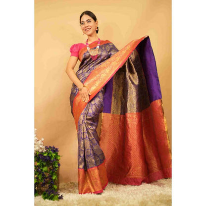 Isadora Life Womens Woven Zari Blue Pre-Draped Saree With Unstitched Blouse