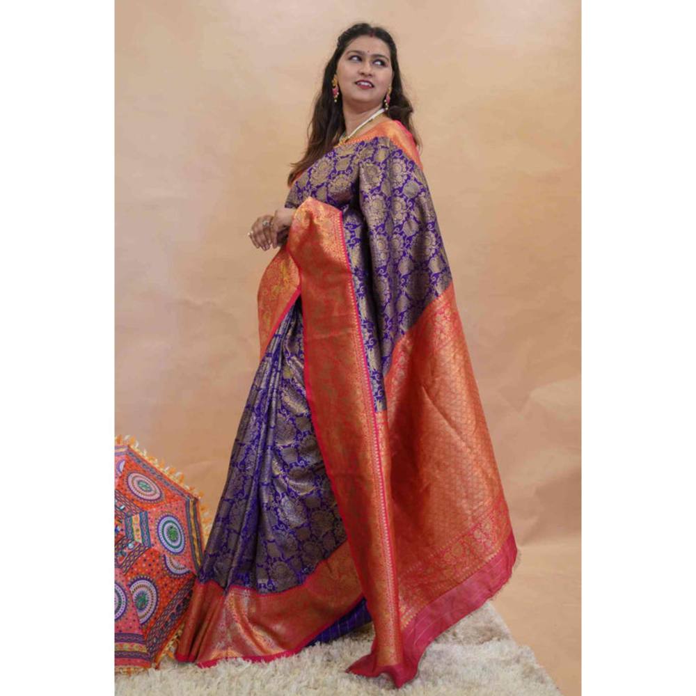 Isadora Life Womens Woven Zari Blue Pre-Draped Saree With Unstitched Blouse