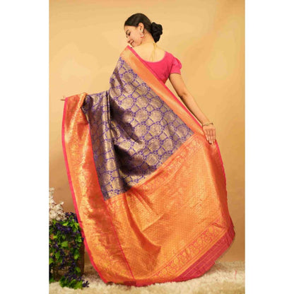 Isadora Life Womens Woven Zari Blue Pre-Draped Saree With Unstitched Blouse