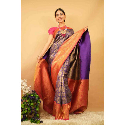 Isadora Life Womens Woven Zari Blue Pre-Draped Saree With Unstitched Blouse