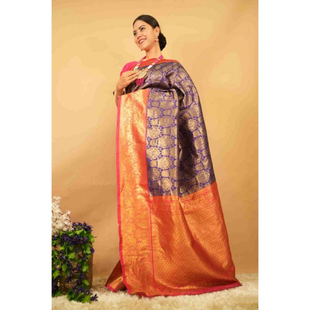 Isadora Life Womens Woven Zari Blue Pre-Draped Saree With Unstitched Blouse