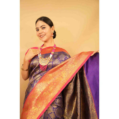 Isadora Life Womens Woven Zari Blue Pre-Draped Saree With Unstitched Blouse