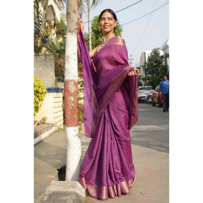 Isadora Life Womens Stripes Tassels Purple Pre-Draped Saree With Unstitched Blouse