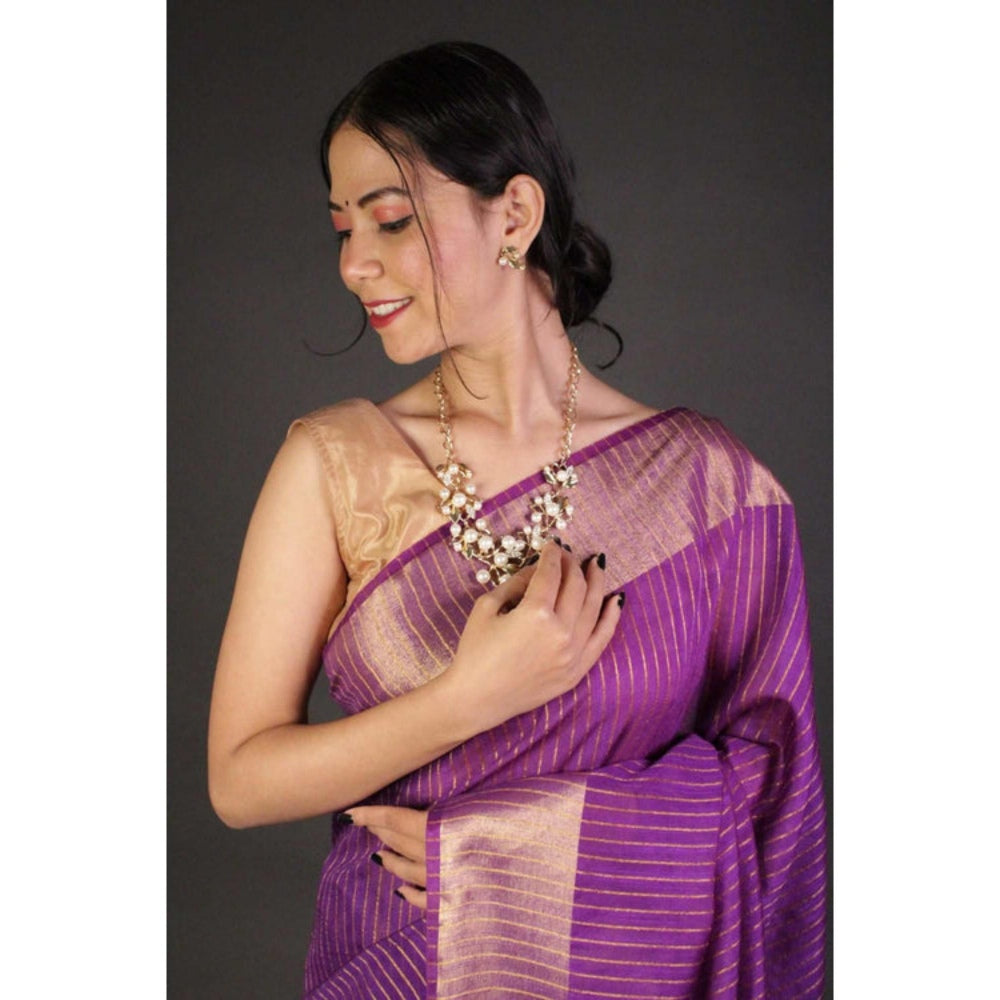 Isadora Life Womens Stripes Tassels Purple Pre-Draped Saree With Unstitched Blouse
