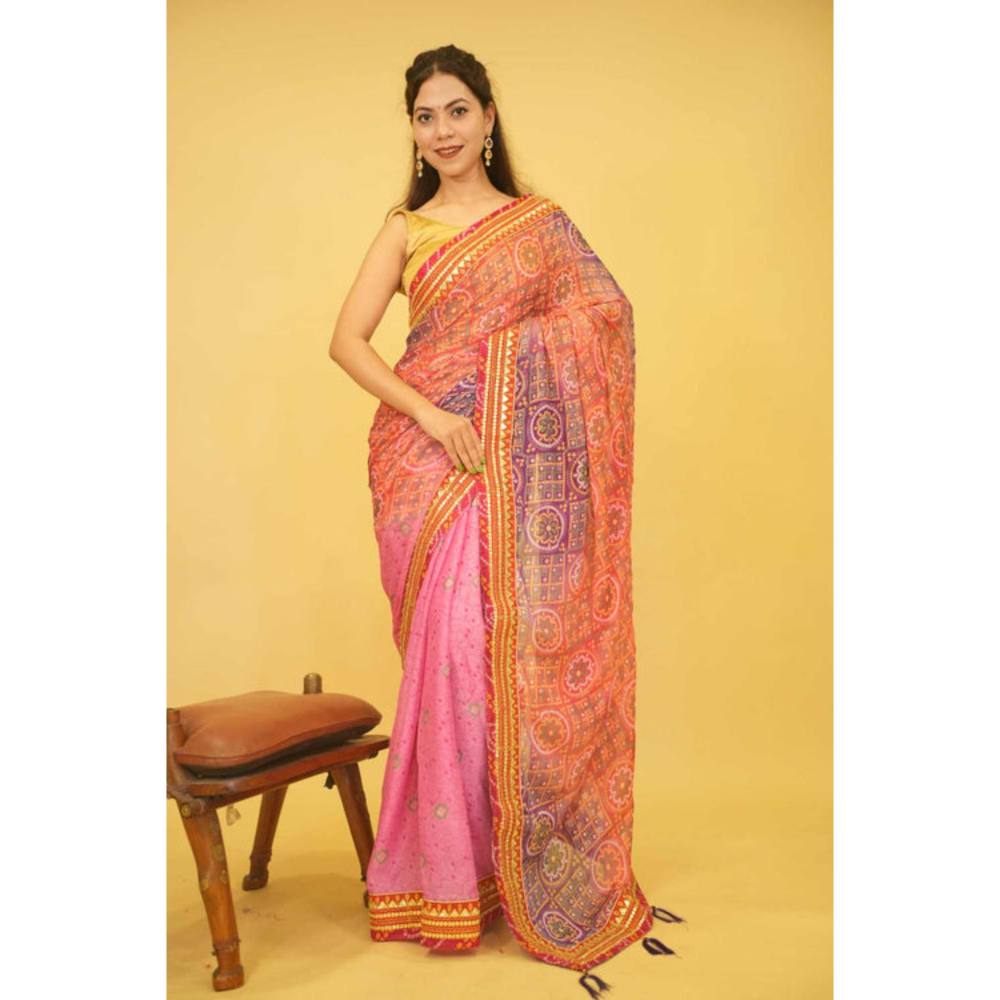 Isadora Life Womens Bandhani Printed Pink Pre-Draped Saree With Unstitched Blouse