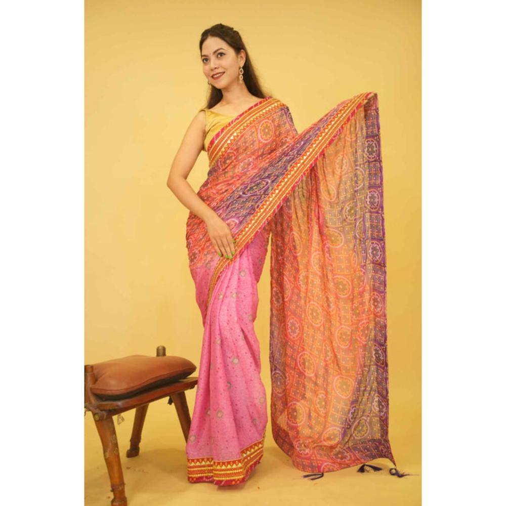 Isadora Life Womens Bandhani Printed Pink Pre-Draped Saree With Unstitched Blouse
