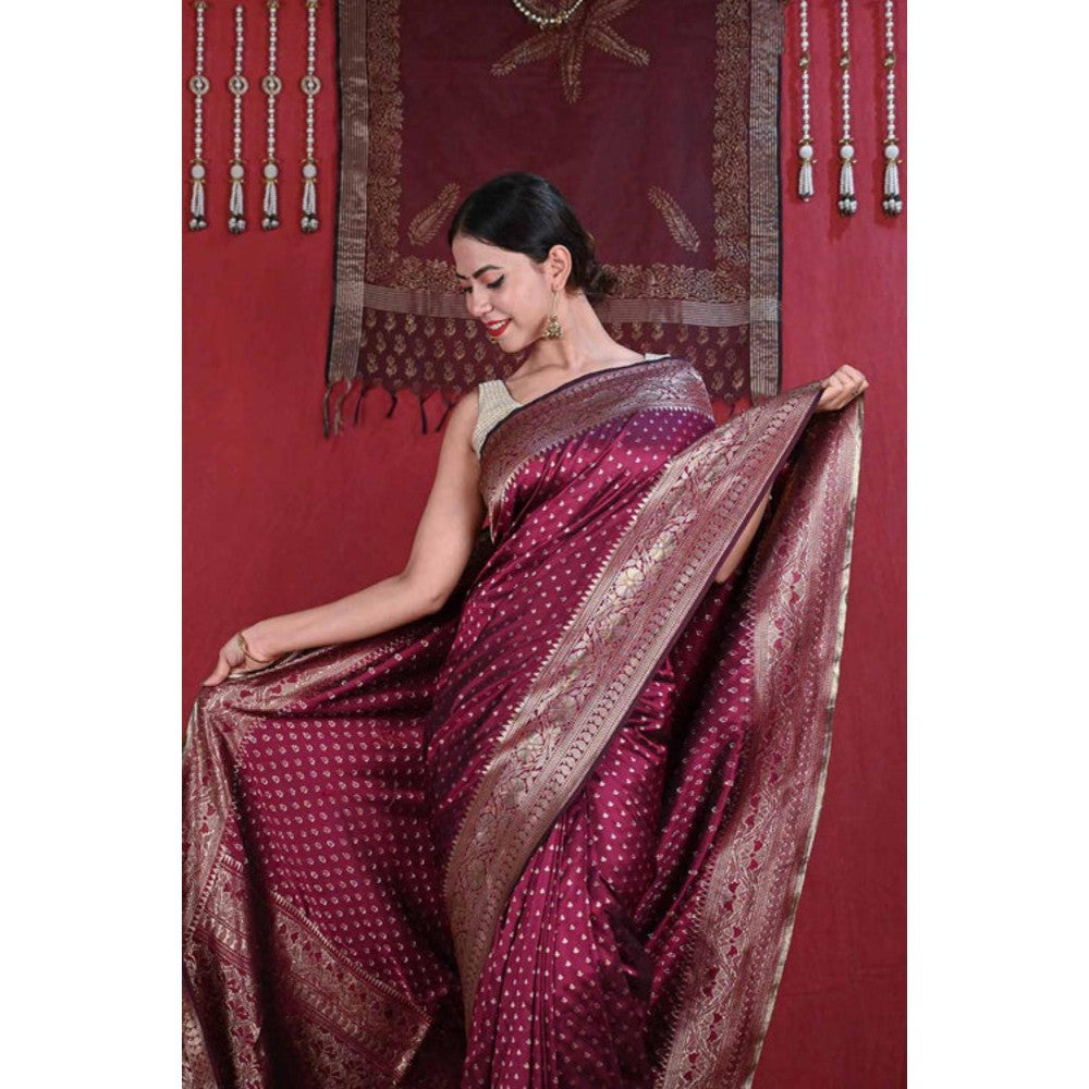 Isadora Life Womens Woven Tassels Wine Pre-Draped Saree With Unstitched Blouse