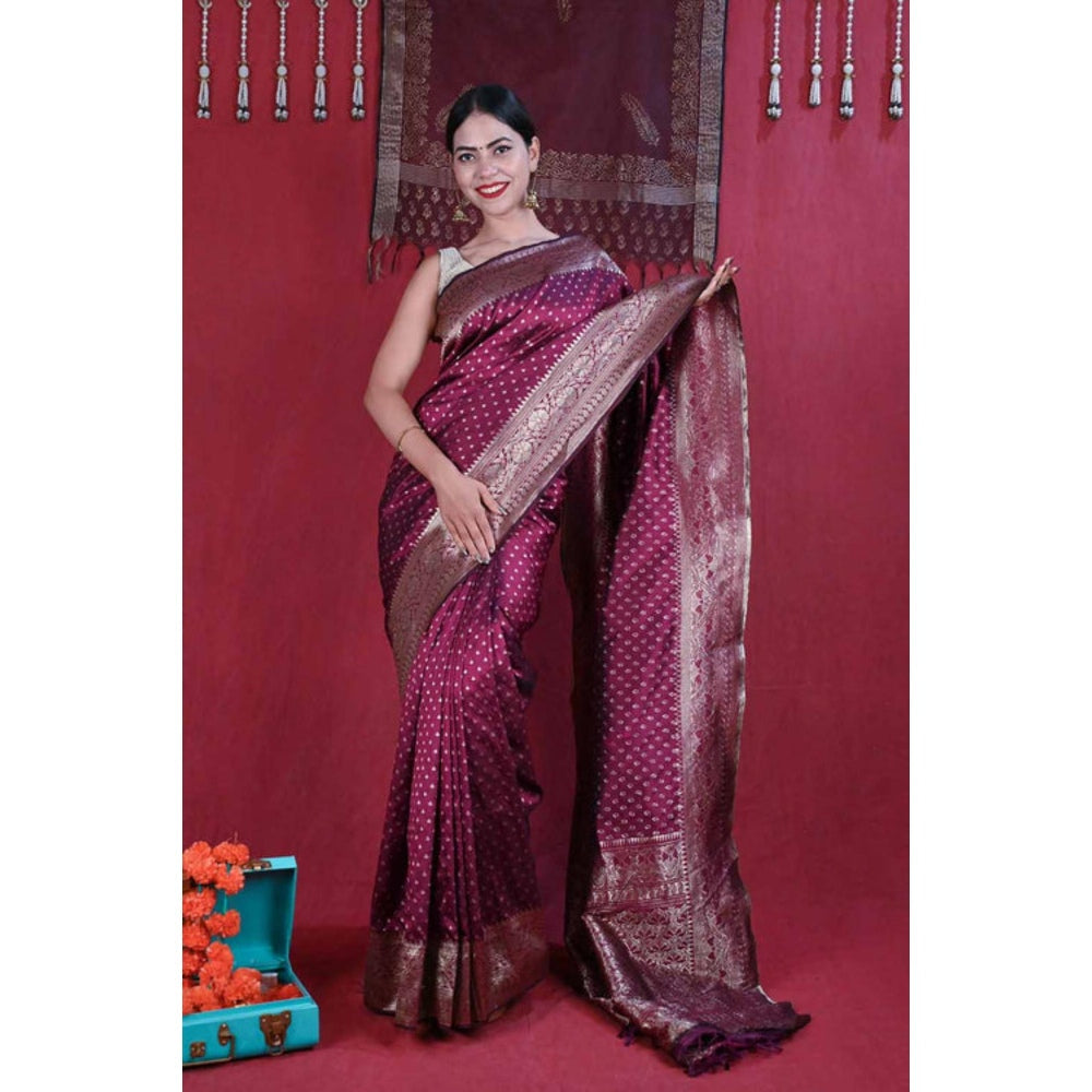 Isadora Life Womens Woven Tassels Wine Pre-Draped Saree With Unstitched Blouse