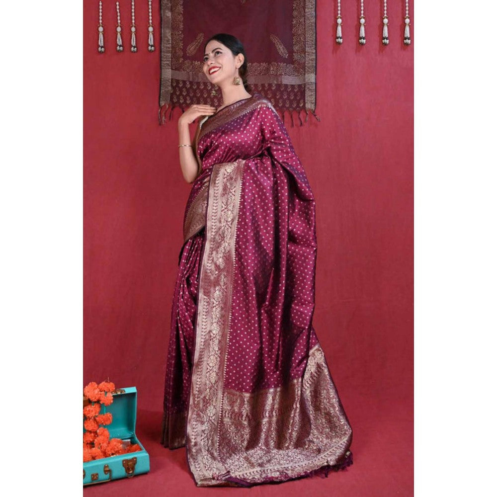 Isadora Life Womens Woven Tassels Wine Pre-Draped Saree With Unstitched Blouse