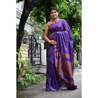Isadora Life Womens Woven Tassels Purple Pre-Draped Saree With Unstitched Blouse