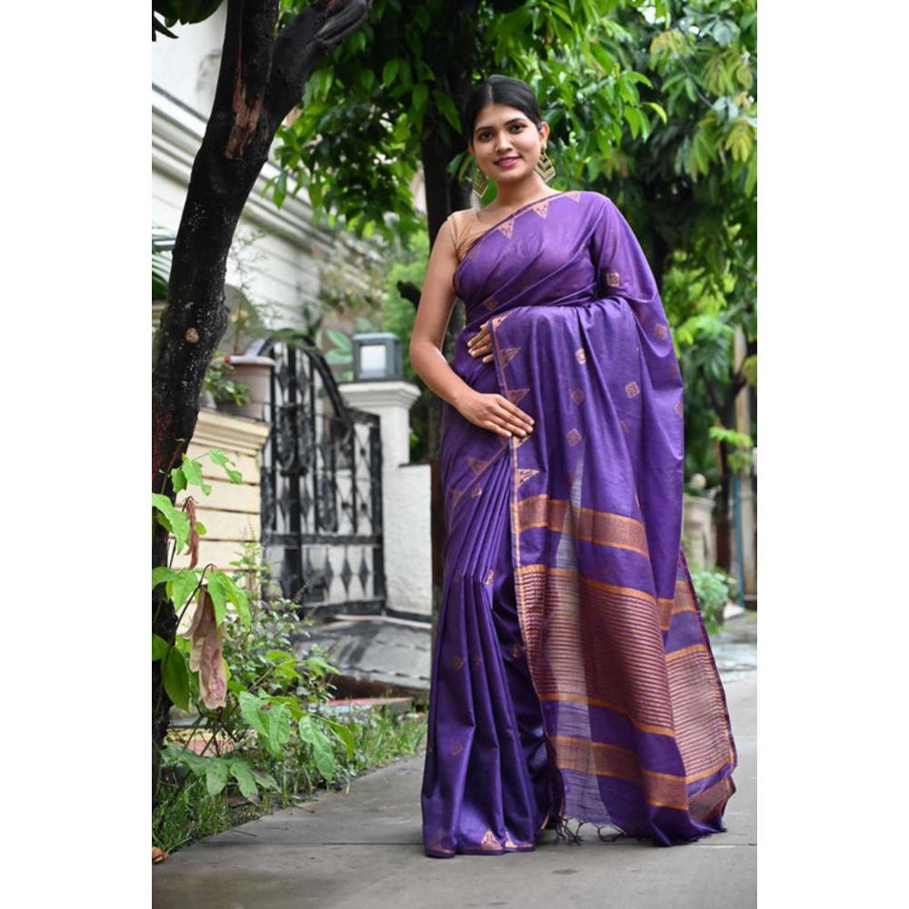Isadora Life Womens Woven Tassels Purple Pre-Draped Saree With Unstitched Blouse