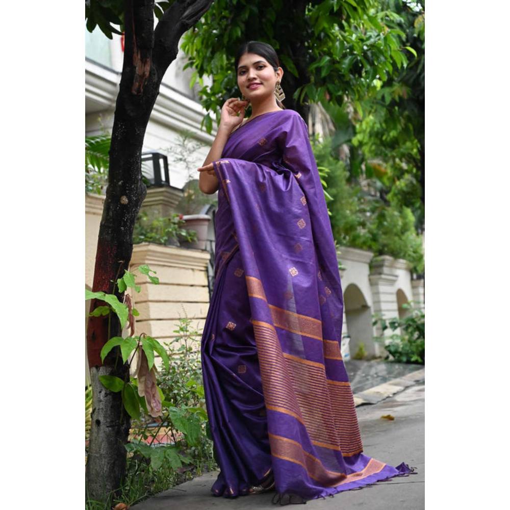 Isadora Life Womens Woven Tassels Purple Pre-Draped Saree With Unstitched Blouse