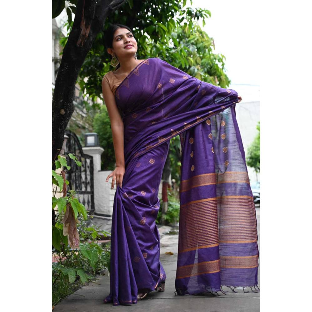 Isadora Life Womens Woven Tassels Purple Pre-Draped Saree With Unstitched Blouse