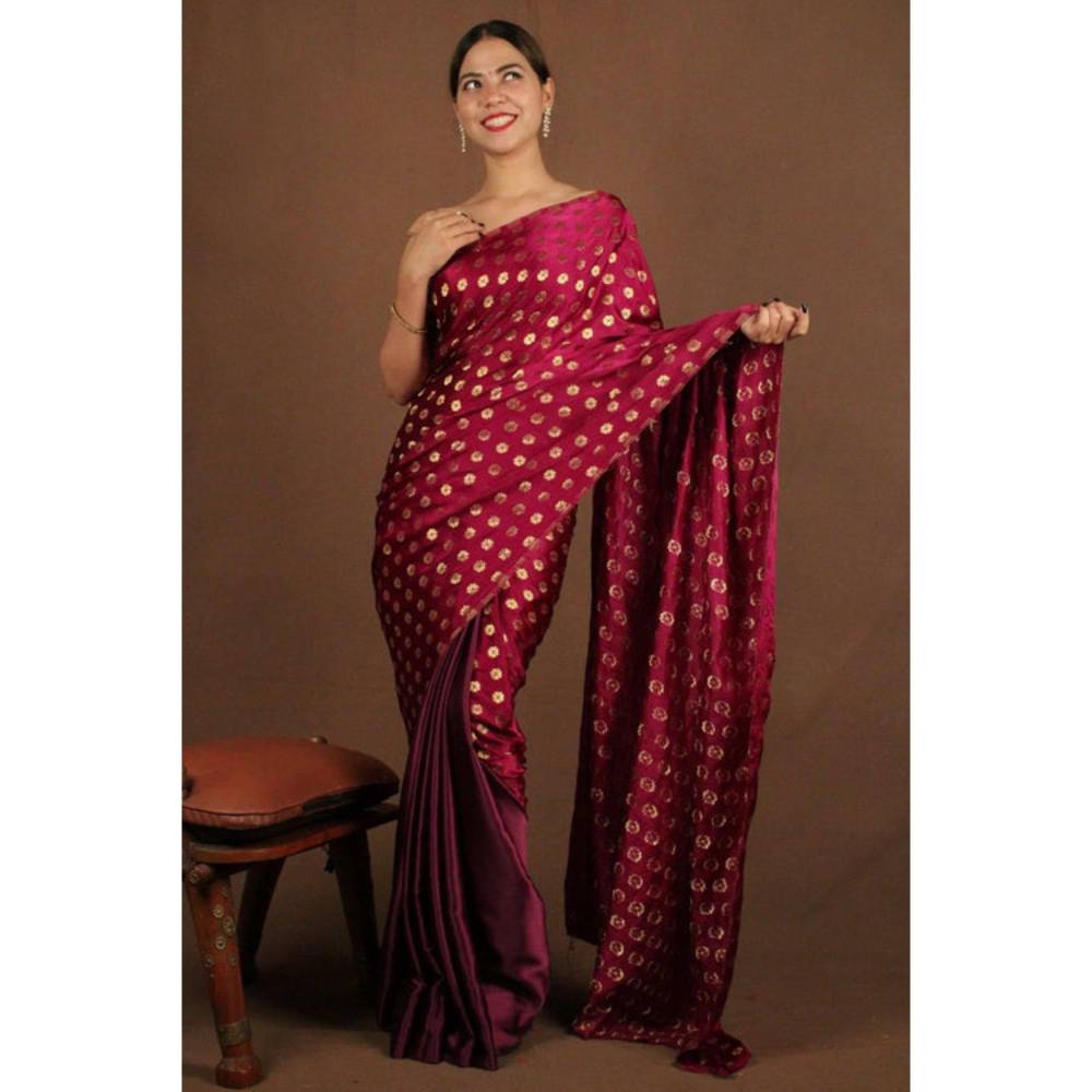 Isadora Life Womens Woven Maroon Pre-Draped Saree With Unstitched Blouse