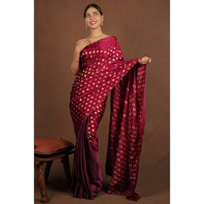 Isadora Life Womens Woven Maroon Pre-Draped Saree With Unstitched Blouse