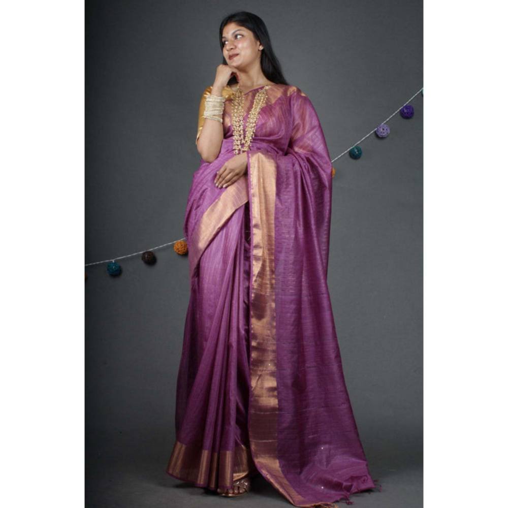 Isadora Life Womens Woven Sequined Purple Pre-Draped Saree With Unstitched Blouse