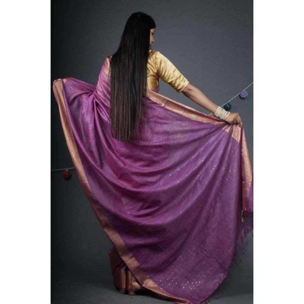 Isadora Life Womens Woven Sequined Purple Pre-Draped Saree With Unstitched Blouse