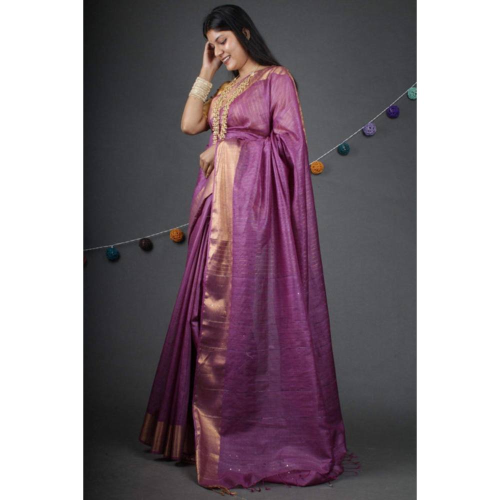 Isadora Life Womens Woven Sequined Purple Pre-Draped Saree With Unstitched Blouse