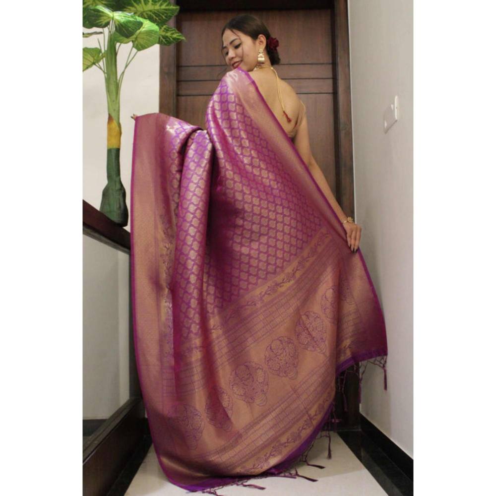 Isadora Life Womens Woven Tassels Purple Pre-Draped Saree With Unstitched Blouse