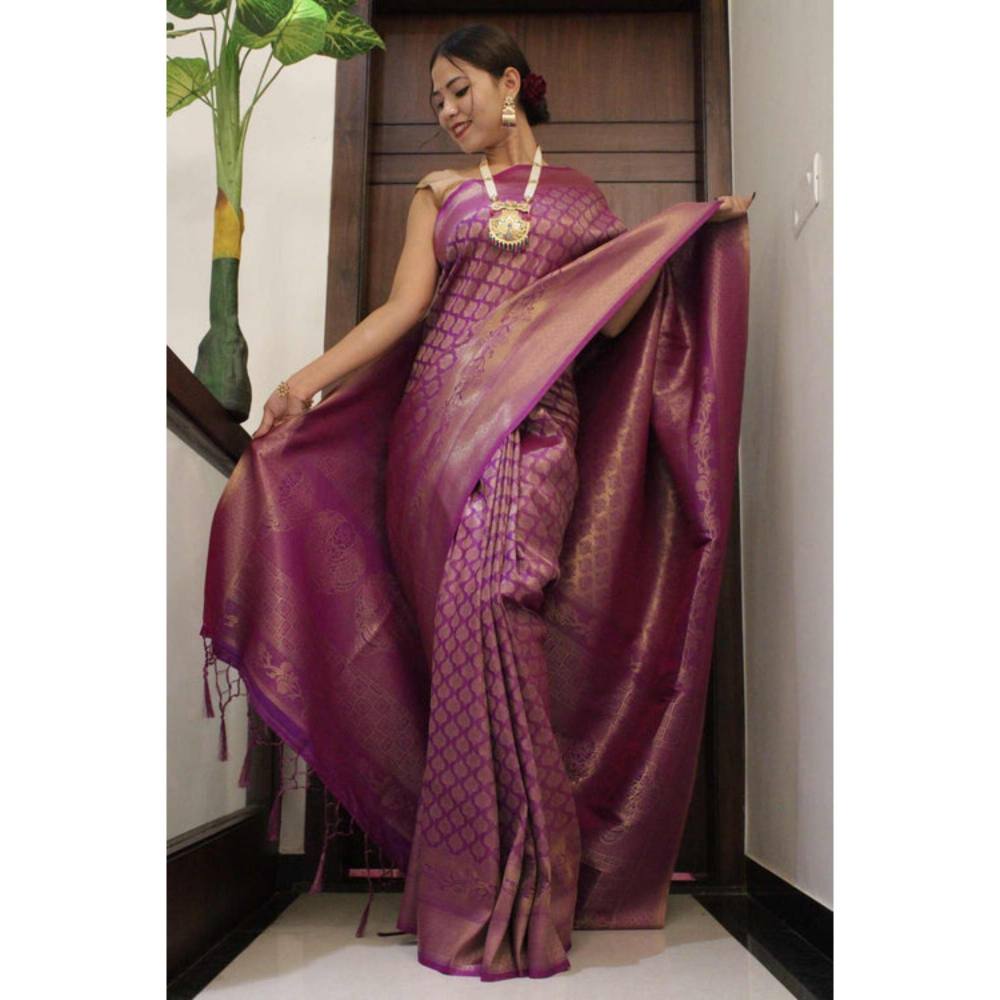 Isadora Life Womens Woven Tassels Purple Pre-Draped Saree With Unstitched Blouse