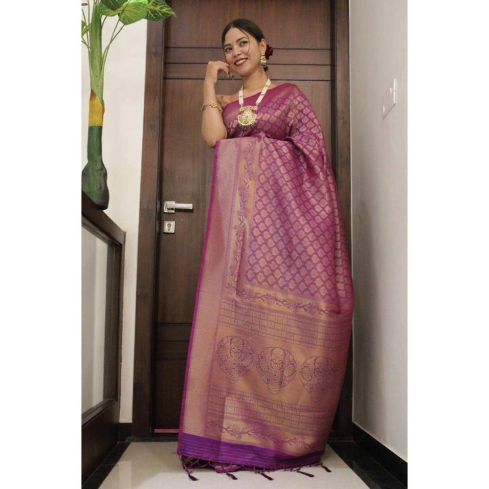 Isadora Life Womens Woven Tassels Purple Pre-Draped Saree With Unstitched Blouse