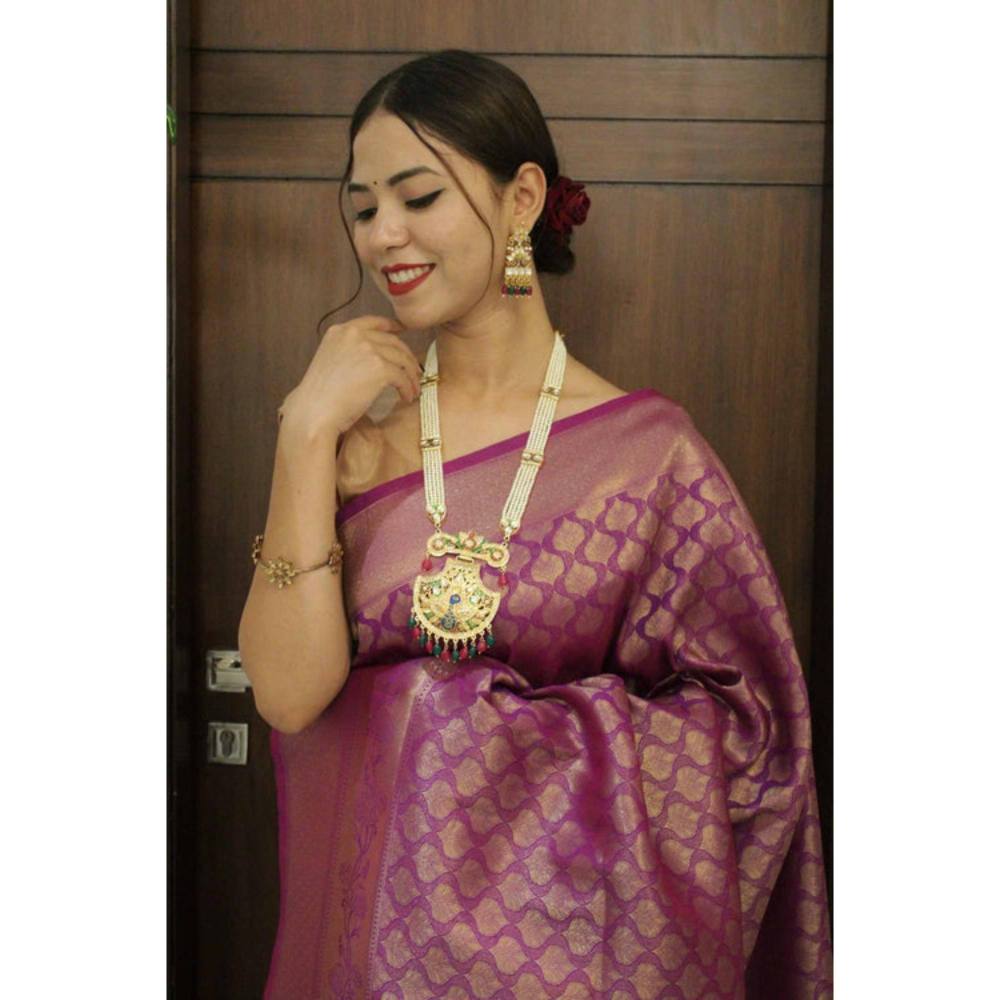 Isadora Life Womens Woven Tassels Purple Pre-Draped Saree With Unstitched Blouse
