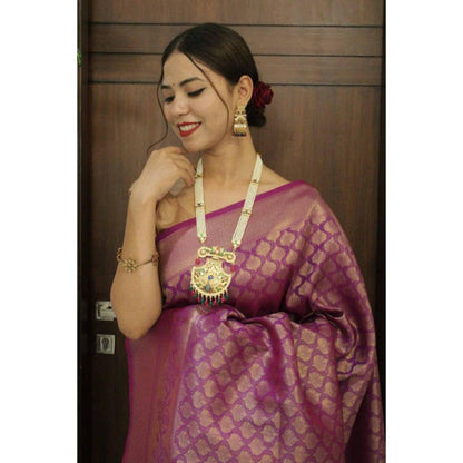 Isadora Life Womens Woven Tassels Purple Pre-Draped Saree With Unstitched Blouse
