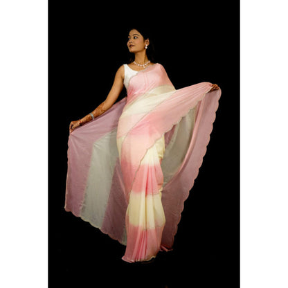 Isadora Life Womens Stripes Sequined Multi-Color Pre-Draped Saree With Unstitched Blouse