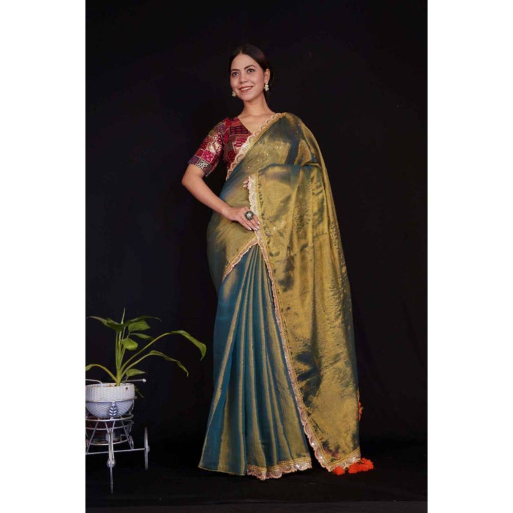 Isadora Life Womens Embroidered Tassels Olive Pre-Draped Saree With Unstitched Blouse