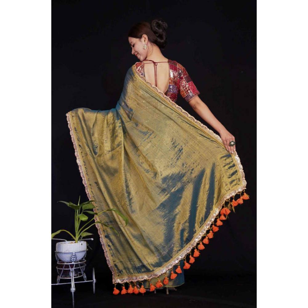 Isadora Life Womens Embroidered Tassels Olive Pre-Draped Saree With Unstitched Blouse