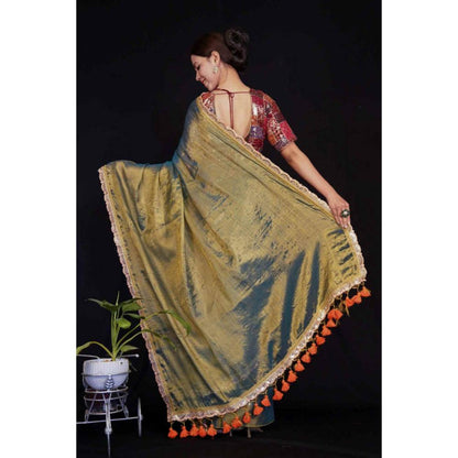 Isadora Life Womens Embroidered Tassels Olive Pre-Draped Saree With Unstitched Blouse