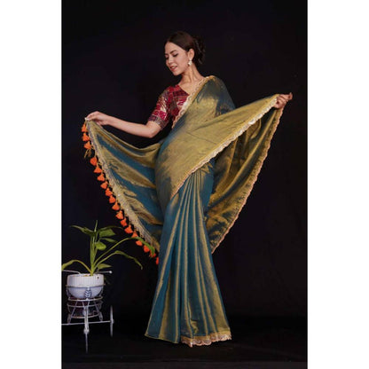 Isadora Life Womens Embroidered Tassels Olive Pre-Draped Saree With Unstitched Blouse