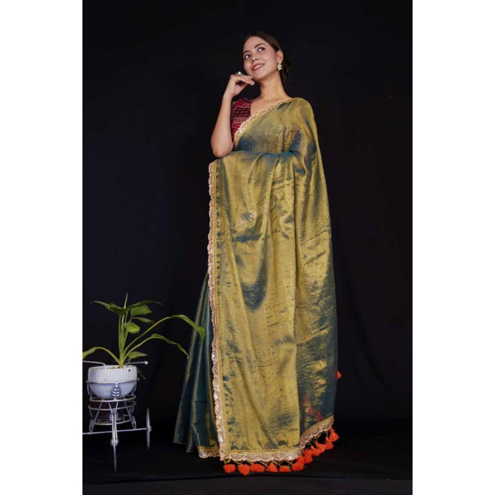 Isadora Life Womens Embroidered Tassels Olive Pre-Draped Saree With Unstitched Blouse