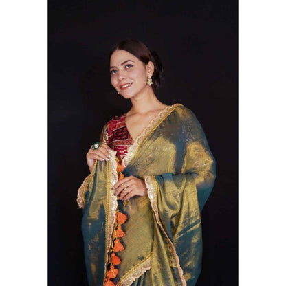 Isadora Life Womens Embroidered Tassels Olive Pre-Draped Saree With Unstitched Blouse