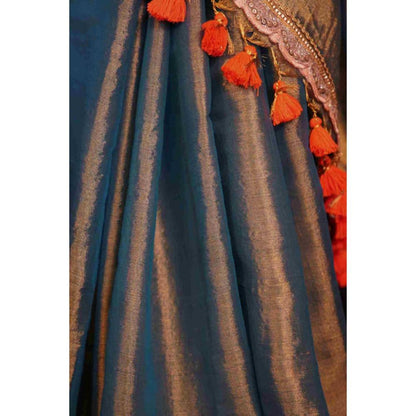 Isadora Life Womens Embroidered Tassels Olive Pre-Draped Saree With Unstitched Blouse