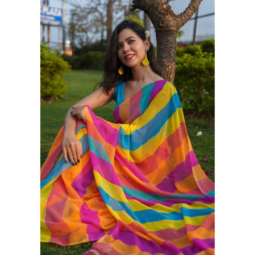 Isadora Life Womens Printed Stripes Multi-Color Pre-Draped Saree With Unstitched Blouse