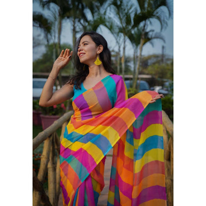 Isadora Life Womens Printed Stripes Multi-Color Pre-Draped Saree With Unstitched Blouse