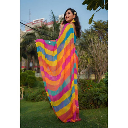 Isadora Life Womens Printed Stripes Multi-Color Pre-Draped Saree With Unstitched Blouse