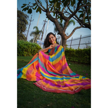 Isadora Life Womens Printed Stripes Multi-Color Pre-Draped Saree With Unstitched Blouse