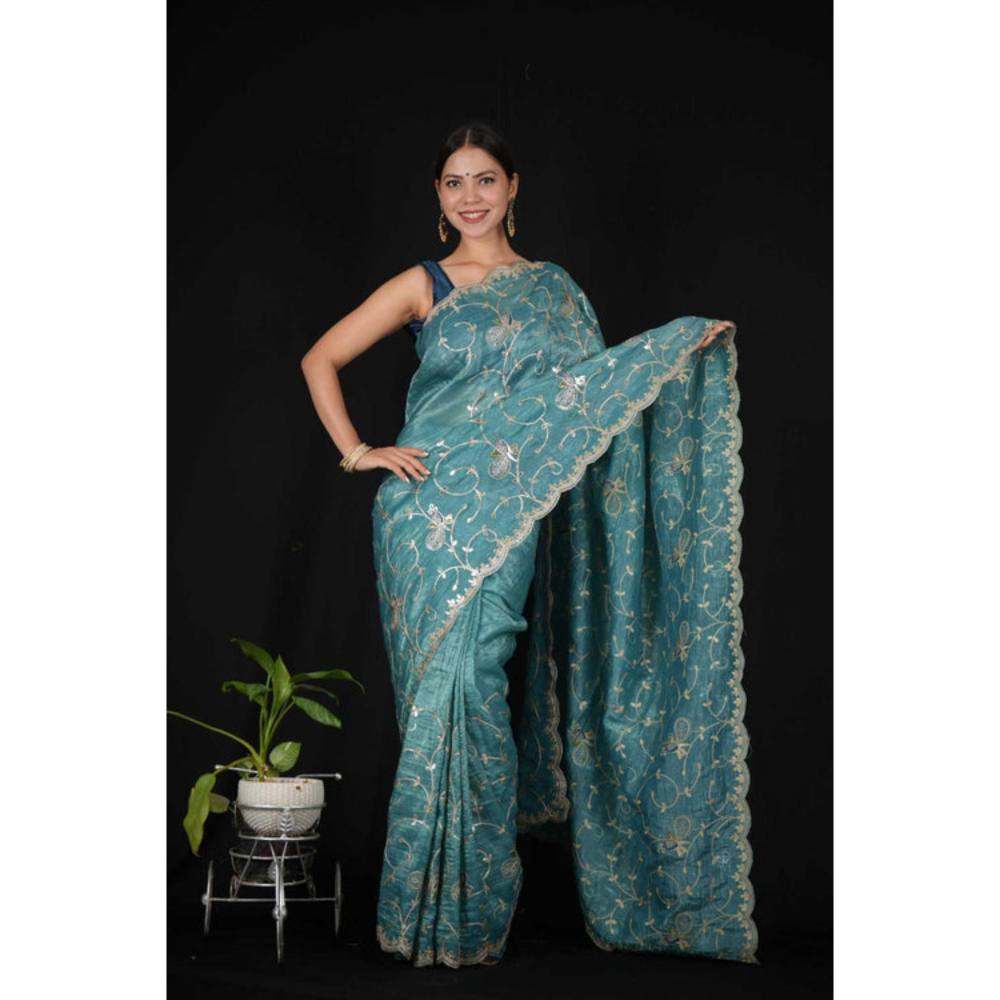 Isadora Life Womens Embroidered Sequined Blue Pre-Draped Saree With Unstitched Blouse