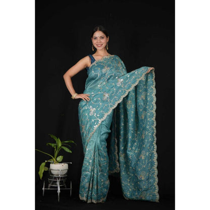 Isadora Life Womens Embroidered Sequined Blue Pre-Draped Saree With Unstitched Blouse