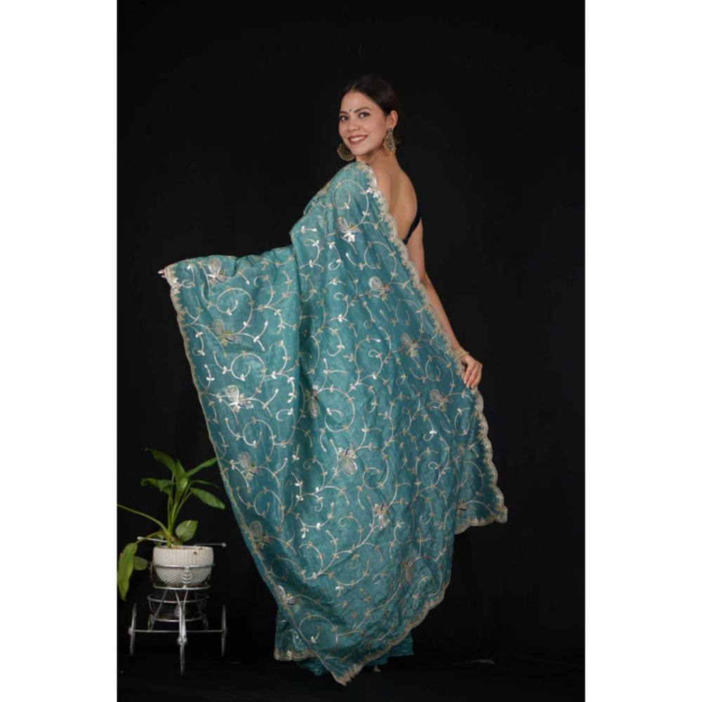 Isadora Life Womens Embroidered Sequined Blue Pre-Draped Saree With Unstitched Blouse