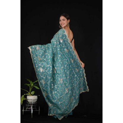 Isadora Life Womens Embroidered Sequined Blue Pre-Draped Saree With Unstitched Blouse