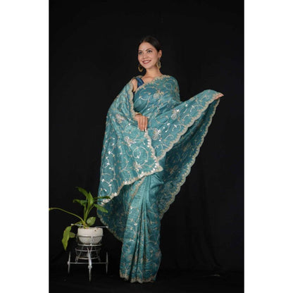 Isadora Life Womens Embroidered Sequined Blue Pre-Draped Saree With Unstitched Blouse