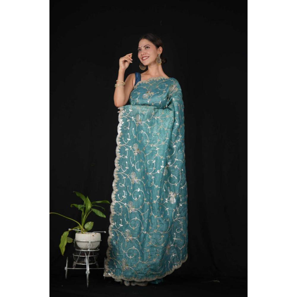 Isadora Life Womens Embroidered Sequined Blue Pre-Draped Saree With Unstitched Blouse