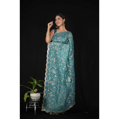 Isadora Life Womens Embroidered Sequined Blue Pre-Draped Saree With Unstitched Blouse