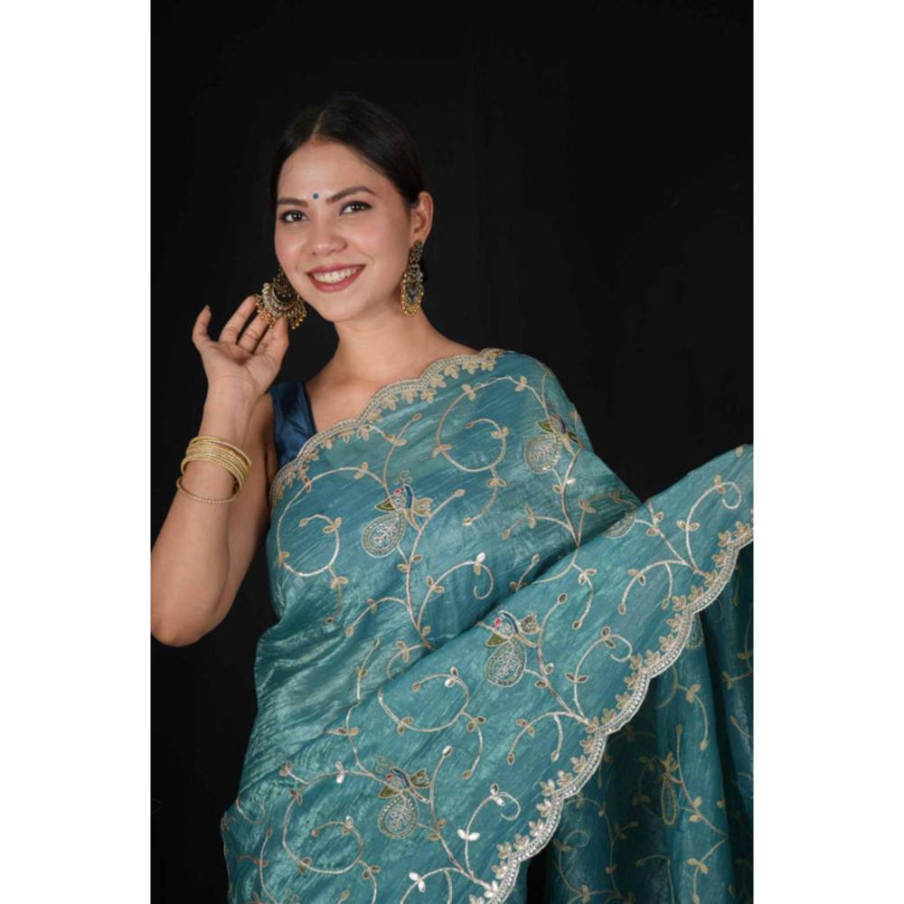 Isadora Life Womens Embroidered Sequined Blue Pre-Draped Saree With Unstitched Blouse