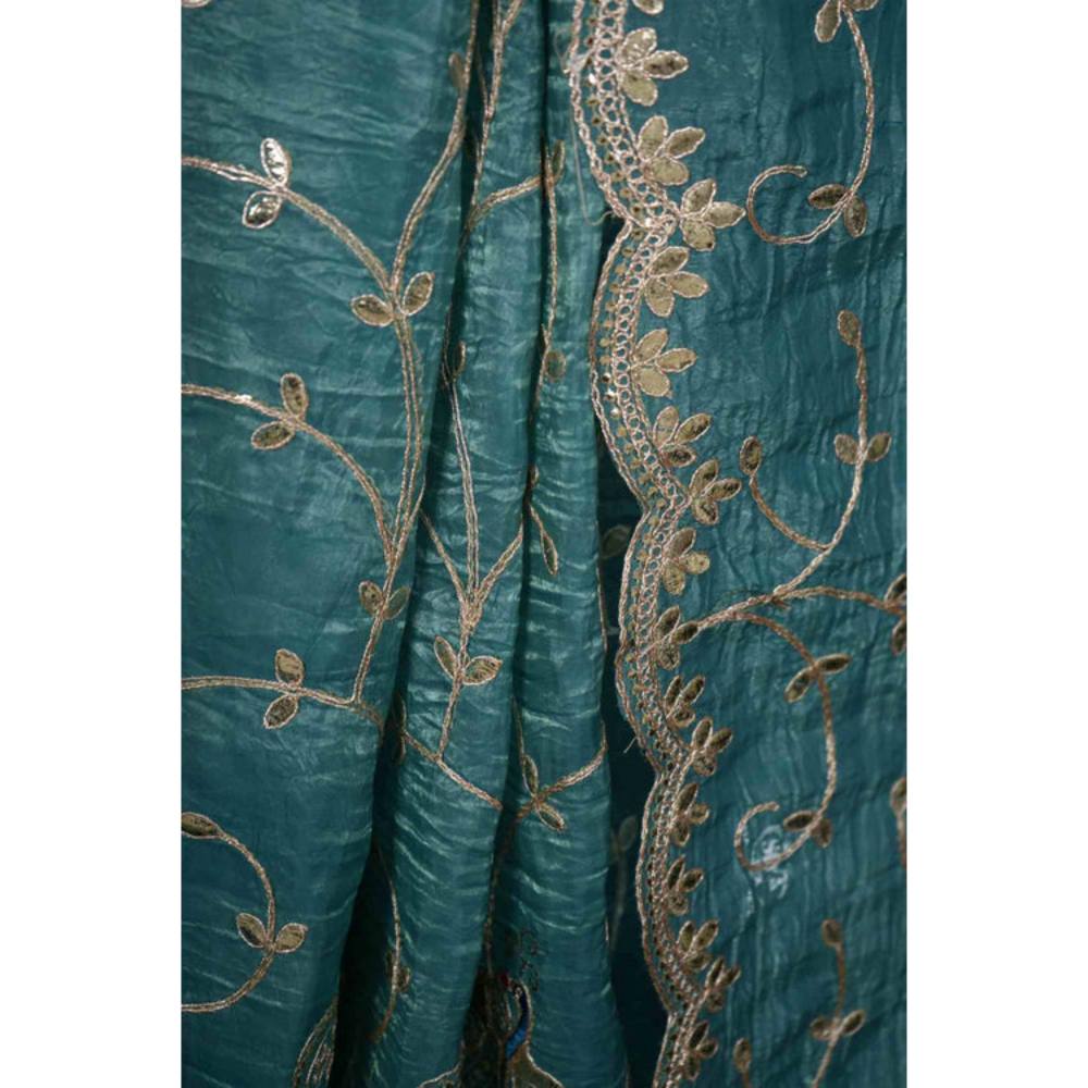 Isadora Life Womens Embroidered Sequined Blue Pre-Draped Saree With Unstitched Blouse