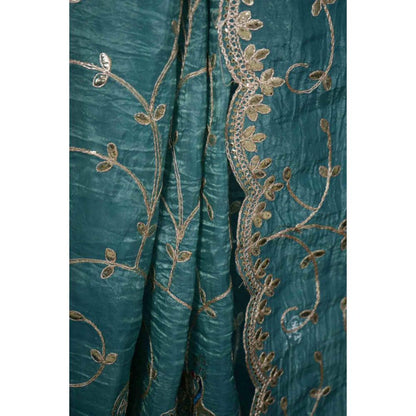 Isadora Life Womens Embroidered Sequined Blue Pre-Draped Saree With Unstitched Blouse